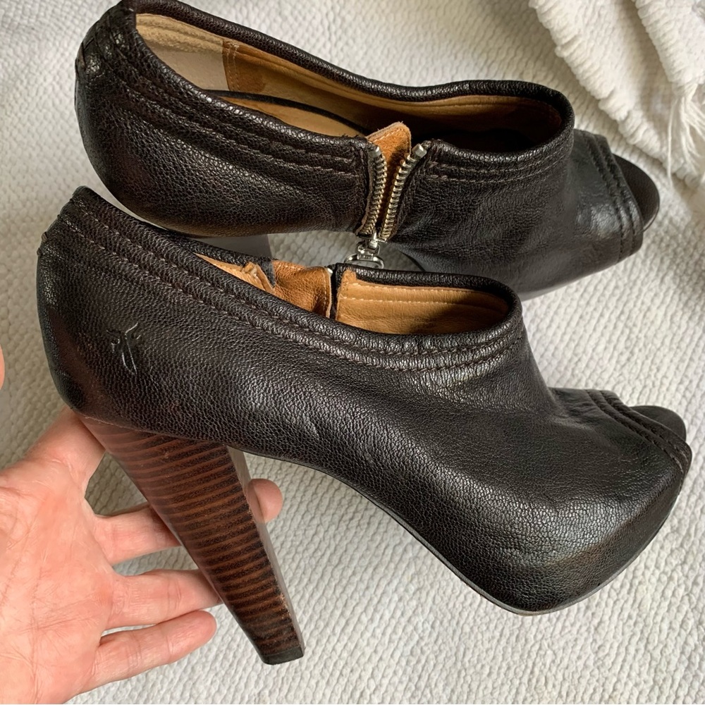Frye Black Leather Peep-Toe Ankle Booties with Brown Stacked Heel